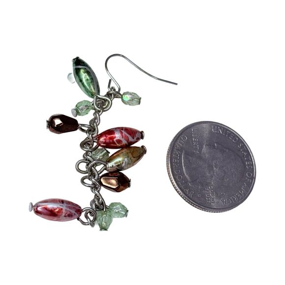 Multi-Colored Art Glass Beaded Cluster Dangle Earrings 2" Silver Tone Boho - Picture 7 of 9